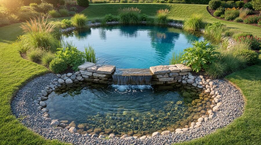Small sediment forebay with settled silt and a stone weir feeding a crystal-clear backyard pond with koi and aquatic plants, framed by native grasses in warm evening light.