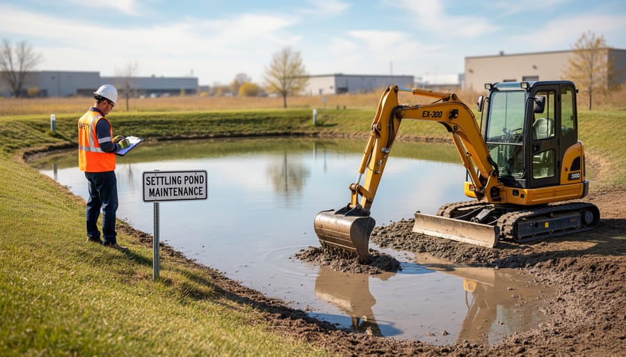 Person cleaning accumulated sediment from sediment pond with shovel