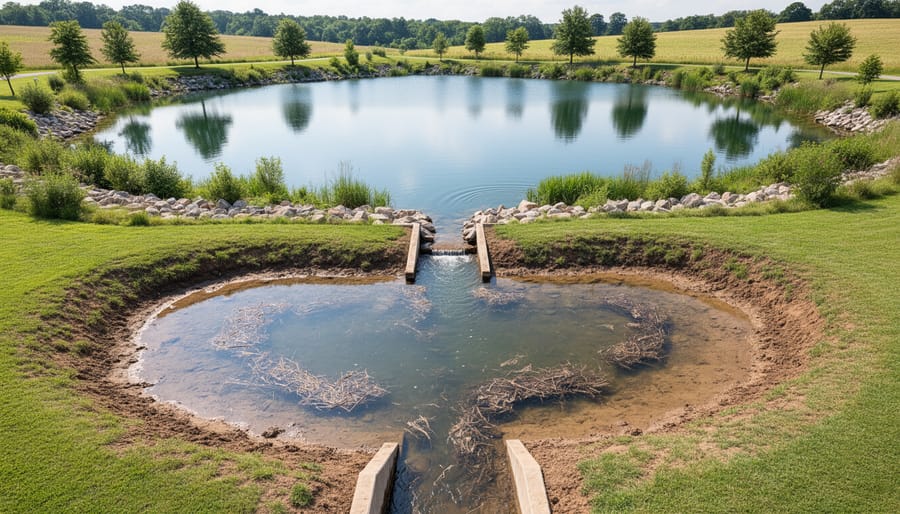 Aerial view of sediment settling pond connected to larger clear water pond