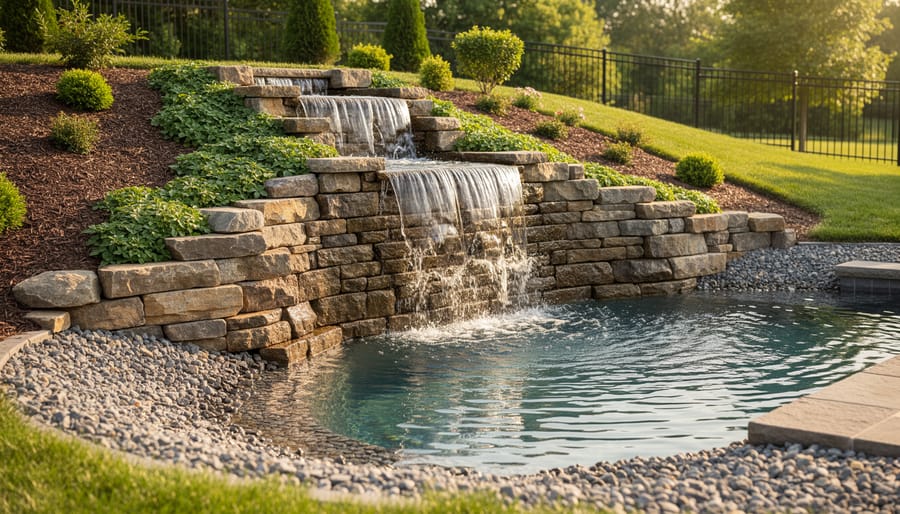 Stone waterfall feature with water flowing over rocks on hillside with stable base construction