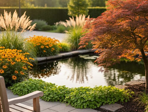 Morning golden-hour view from a garden bench across a reflective pond, framed by tall grasses, black-eyed Susans, and creeping jenny, with a Japanese maple focal tree on the right third; trimmed patio and hedges softly blurred in the background.