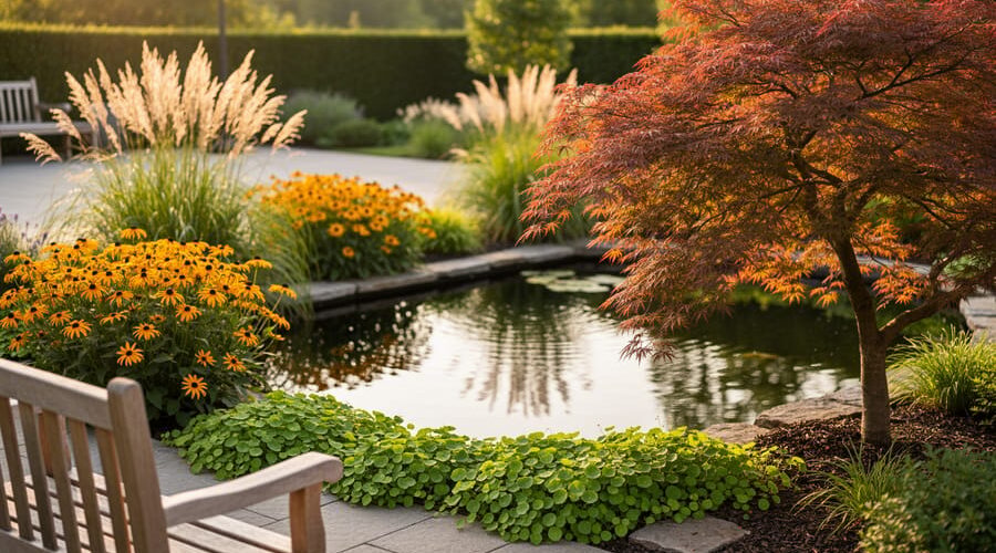 Morning golden-hour view from a garden bench across a reflective pond, framed by tall grasses, black-eyed Susans, and creeping jenny, with a Japanese maple focal tree on the right third; trimmed patio and hedges softly blurred in the background.