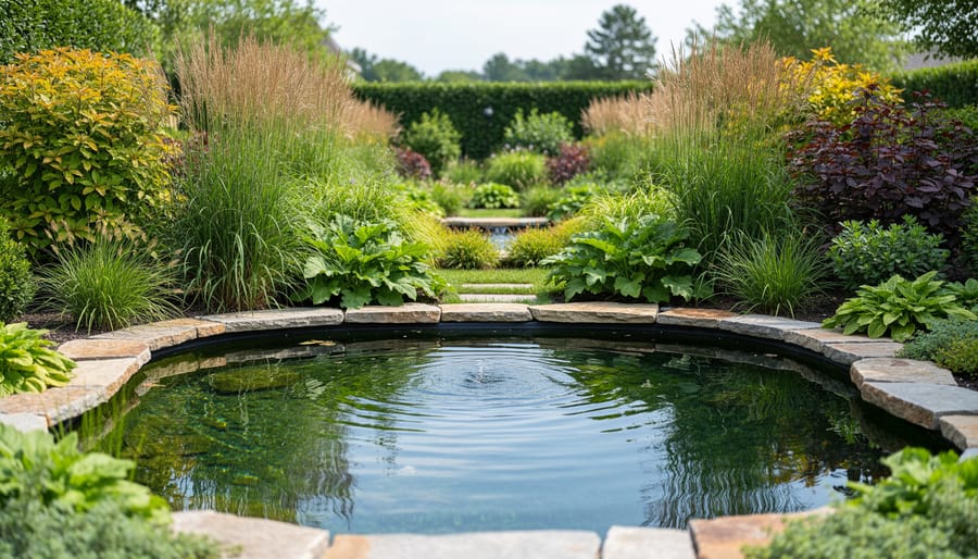 Garden pond with tall ornamental grasses and shrubs planted as backdrop
