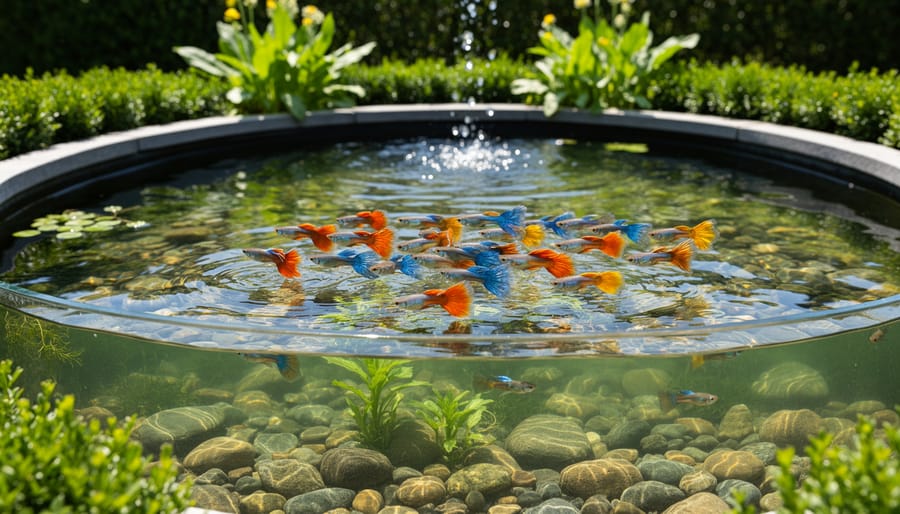 Overhead view of outdoor guppy pond with clear water and colorful guppies swimming