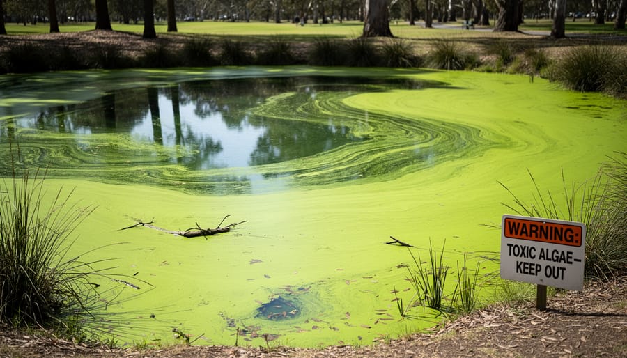 Backyard pond covered with thick green algae bloom showing murky water conditions