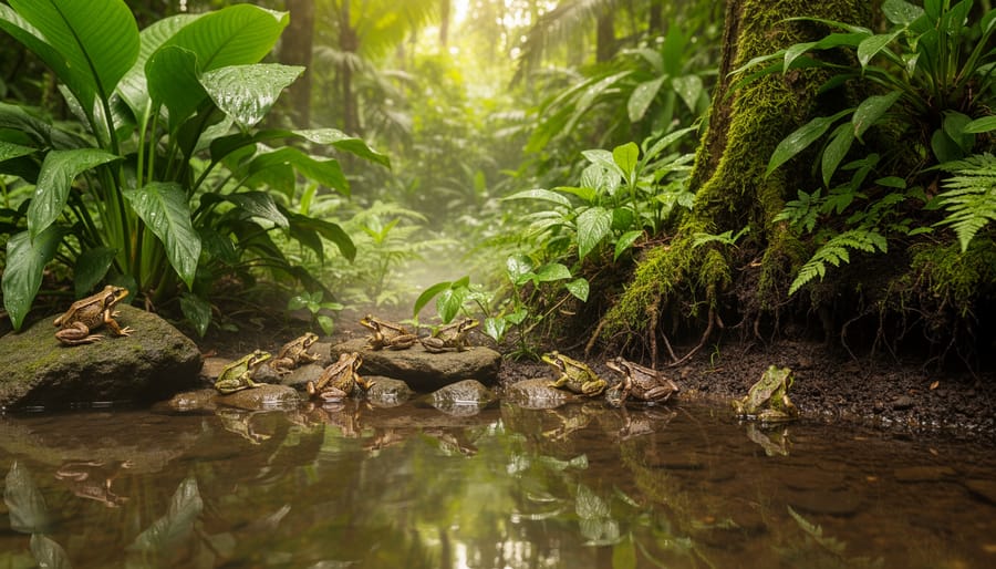 Dense tropical plants and ferns growing along pond margin in humid climate