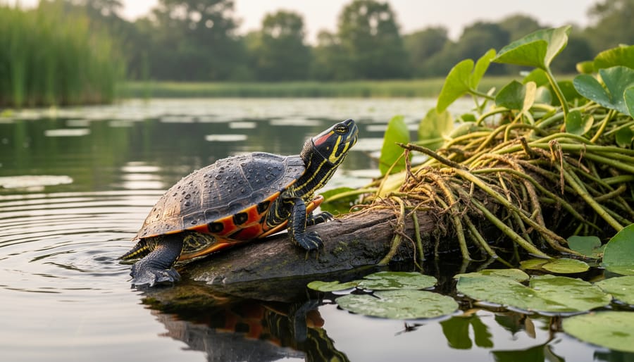 Painted turtle on log eating aquatic vegetation at pond edge
