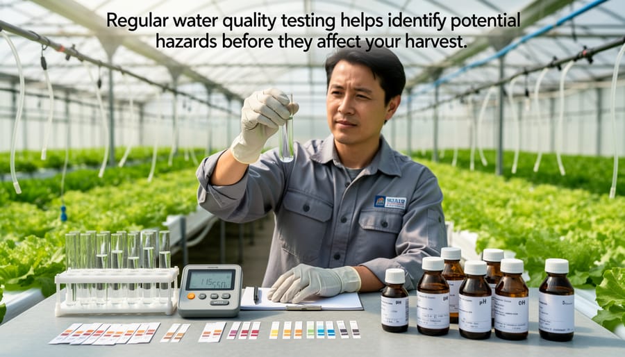 Hands wearing gloves testing water quality with pH meter in aquaponic system