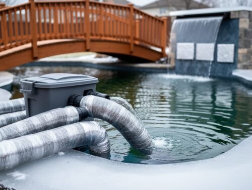 Winter backyard pond with thin ice and a small open aeration hole; foreground filter housing and pipes wrapped in fiberglass and clear plastic; background wooden footbridge and spillway underside fitted with insulation panels under bright overcast light.