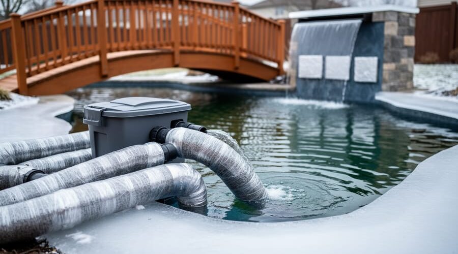 Winter backyard pond with thin ice and a small open aeration hole; foreground filter housing and pipes wrapped in fiberglass and clear plastic; background wooden footbridge and spillway underside fitted with insulation panels under bright overcast light.