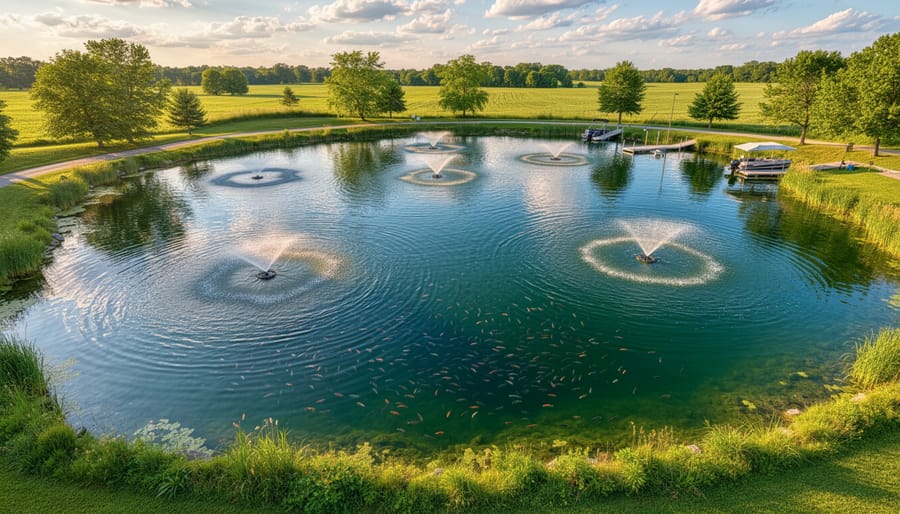 Aerial view of healthy 3-acre pond with aeration bubbles visible on water surface