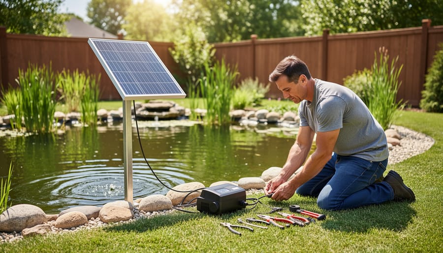 Person installing airline tubing for pond aerator system along water edge