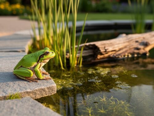 Small green frog on a flat rock at the edge of a backyard pond with a gently sloping pebble shelf, native reeds, lily pads, and submerged plants in golden-hour light, with a softly blurred garden path and partially submerged log in the background.