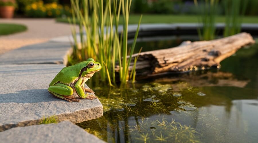 Small green frog on a flat rock at the edge of a backyard pond with a gently sloping pebble shelf, native reeds, lily pads, and submerged plants in golden-hour light, with a softly blurred garden path and partially submerged log in the background.