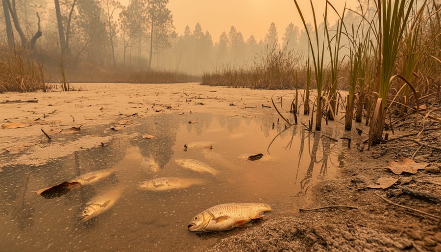 Garden pond with ash covering the water surface after wildfire
