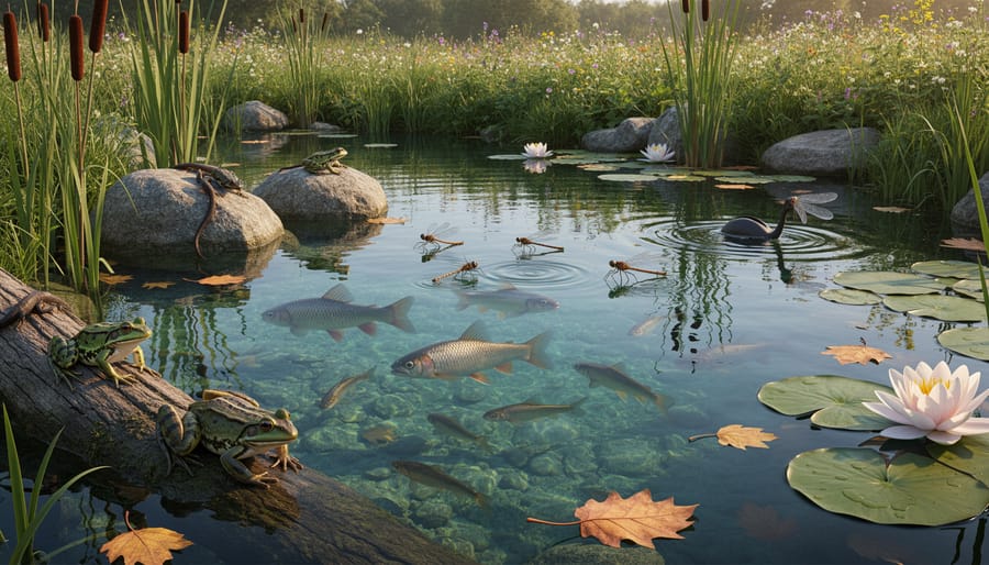 Thriving pond ecosystem showing koi fish, frog on lily pad, and dragonfly among aquatic plants