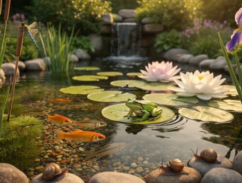 Biodiverse backyard pond with clear water showing goldfish and minnows, a frog on a lily pad, a dragonfly on a reed, snails on rocks, and diverse aquatic plants at golden hour.