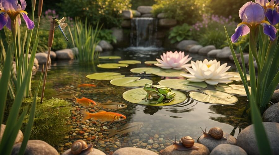 Biodiverse backyard pond with clear water showing goldfish and minnows, a frog on a lily pad, a dragonfly on a reed, snails on rocks, and diverse aquatic plants at golden hour.