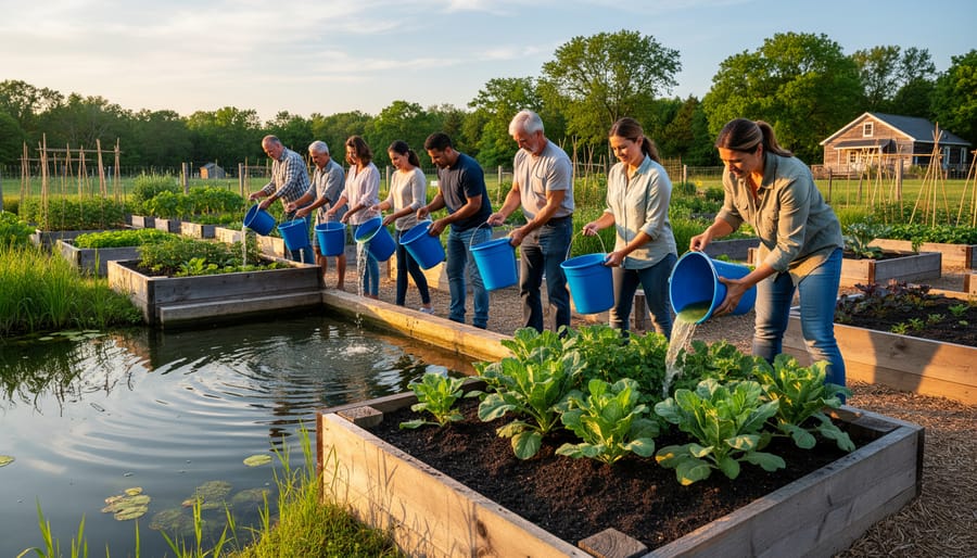 Gardener collecting pond water in watering can for manual garden irrigation