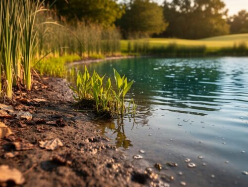 Low-angle view of a pond where a muddy, sediment-laden shoreline with decaying leaves and emerging cattails encroaches into clearer water under warm golden-hour light, with treeline and pasture softly blurred in the background.