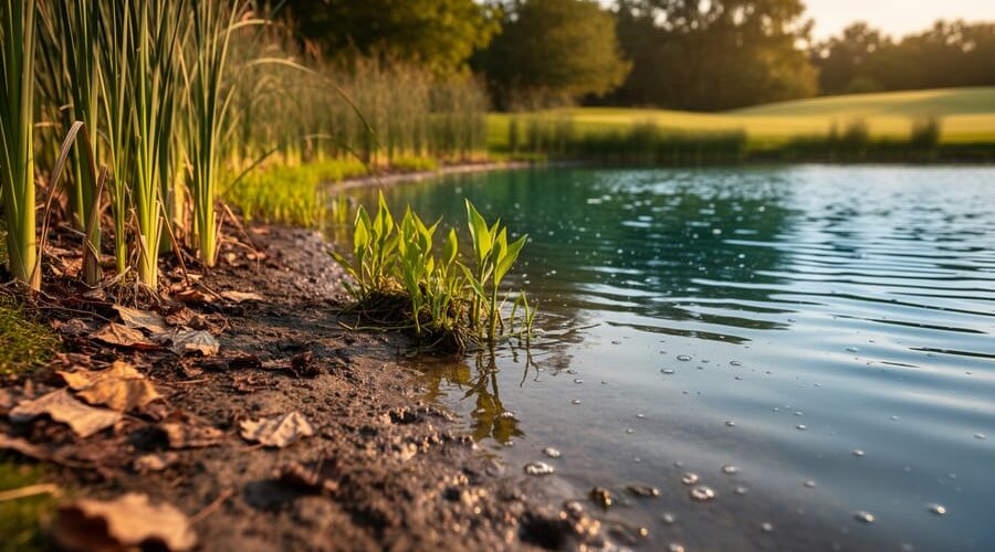 Low-angle view of a pond where a muddy, sediment-laden shoreline with decaying leaves and emerging cattails encroaches into clearer water under warm golden-hour light, with treeline and pasture softly blurred in the background.