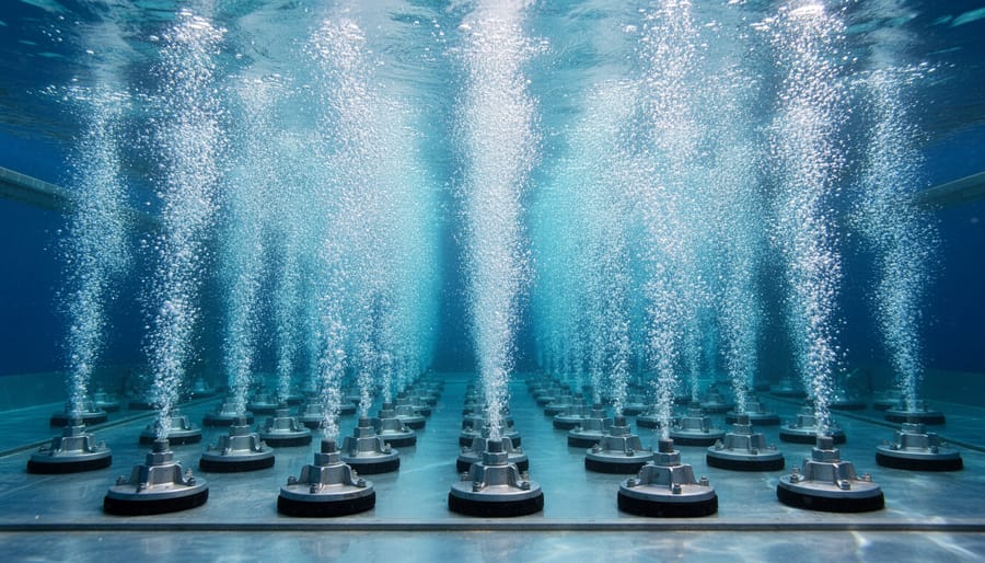 Underwater view of pond diffuser releasing streams of fine oxygen bubbles