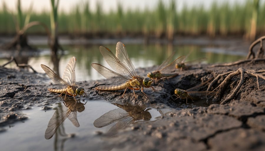Dragonfly nymph on exposed muddy pond margin during low water period