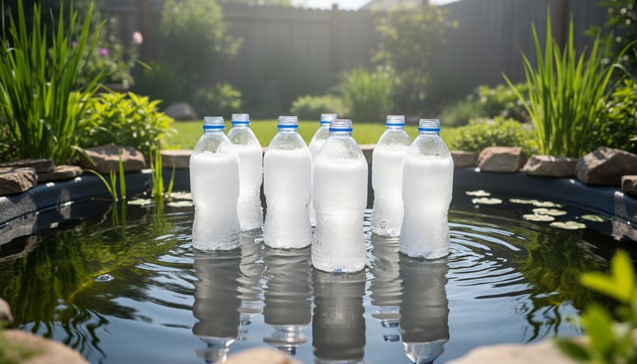 Gardener placing frozen water bottles in pond for emergency cooling