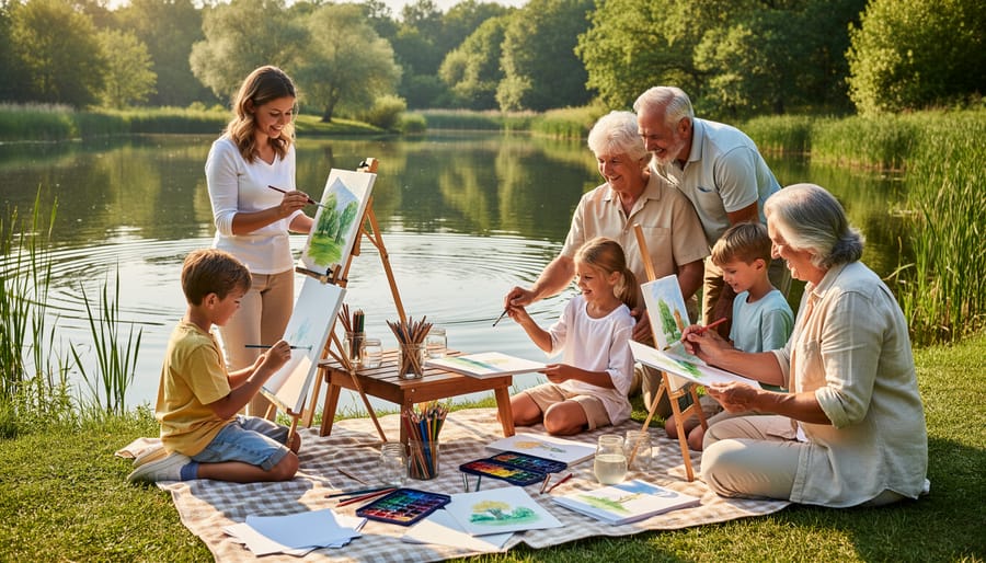Parent and child crafting together beside backyard pond