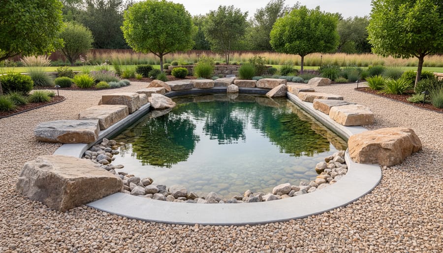 Residential pond built with fire-resistant stone and concrete materials surrounded by cleared defensible space