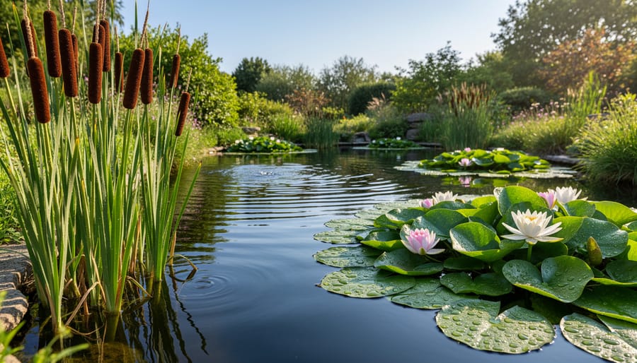 Fire-resistant pond plants with moisture-rich foliage growing along stone pond edge