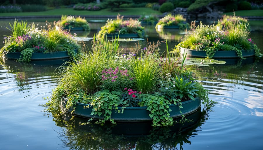 DIY floating garden raft with aquatic plants on pond water