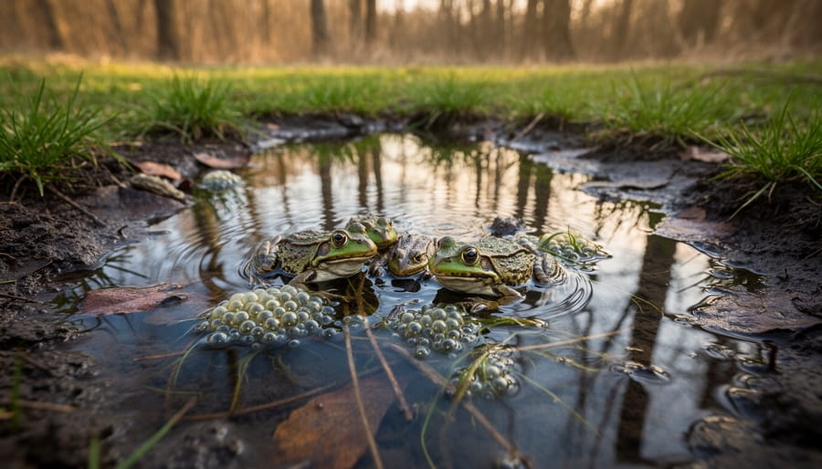 Common frog with frogspawn in shallow pond water with muddy margins