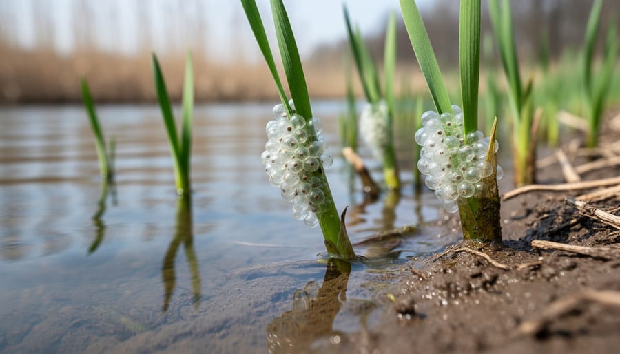 Frog spawn eggs attached to submerged aquatic plant stems in pond