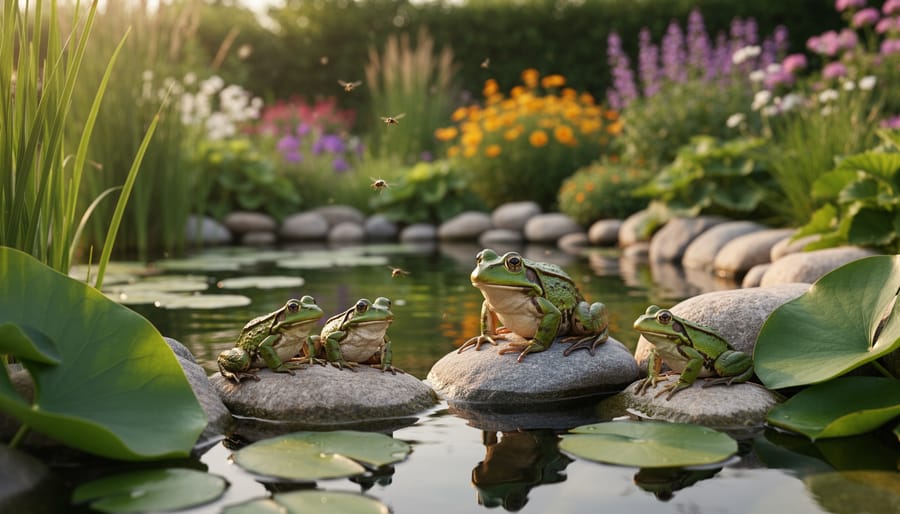 Common frog sitting on lily pad in garden pond with water reflections