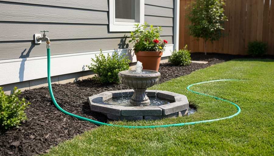Garden hose filling small backyard pond from existing outdoor water spigot