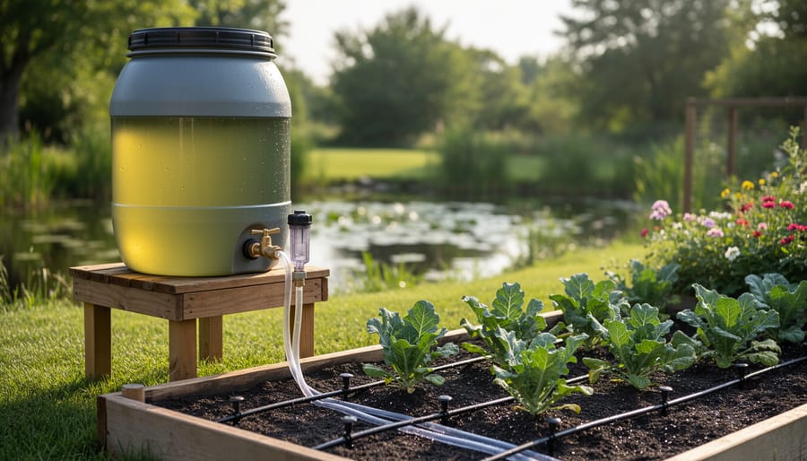 Elevated water barrel with gravity-fed drip irrigation system connected to raised garden beds