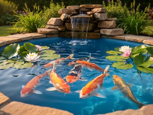 Clear backyard koi pond with colorful koi and water lilies, rock edging, and a small waterfall biofilter, with softly blurred garden plants in warm golden hour light.
