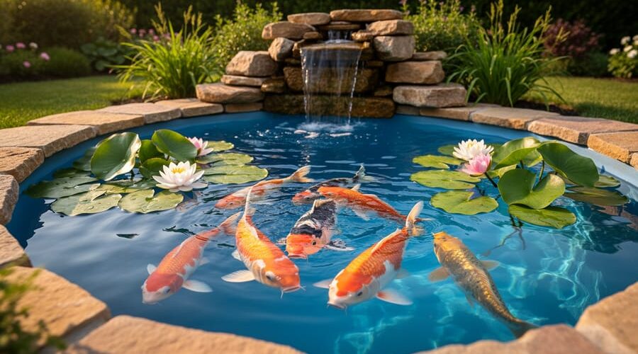 Clear backyard koi pond with colorful koi and water lilies, rock edging, and a small waterfall biofilter, with softly blurred garden plants in warm golden hour light.