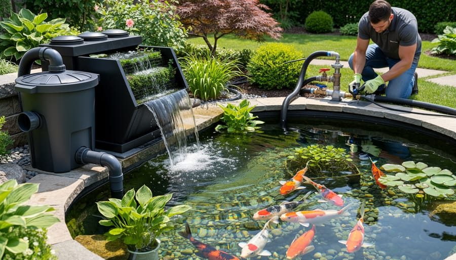 Thriving koi pond with clear water maintained by mechanical and biological filtration