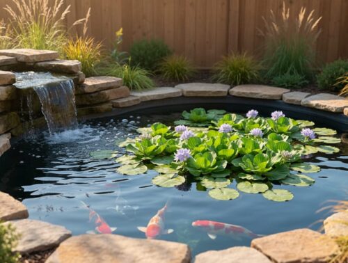 Backyard pond in morning light with water lettuce and hyacinth shading the surface, a small stone waterfall bubbling to aerate clear water, koi visible below, and natural stone edging with native grasses in the background.