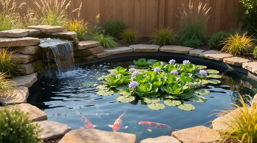 Backyard pond in morning light with water lettuce and hyacinth shading the surface, a small stone waterfall bubbling to aerate clear water, koi visible below, and natural stone edging with native grasses in the background.