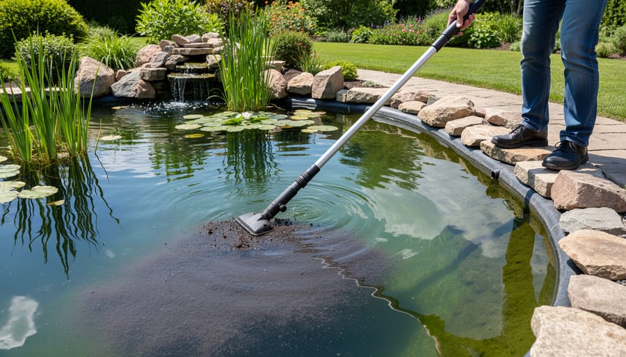 Person using pond vacuum to remove sediment from backyard pond
