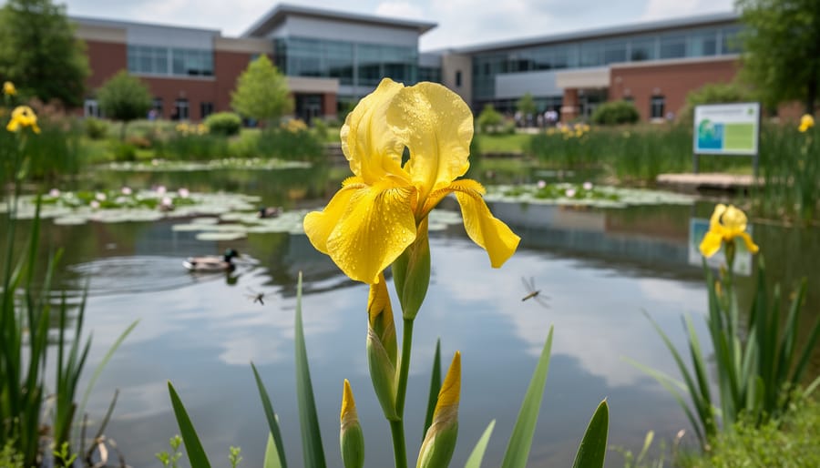 Close-up of native purple iris flower blooming over water in garden pond