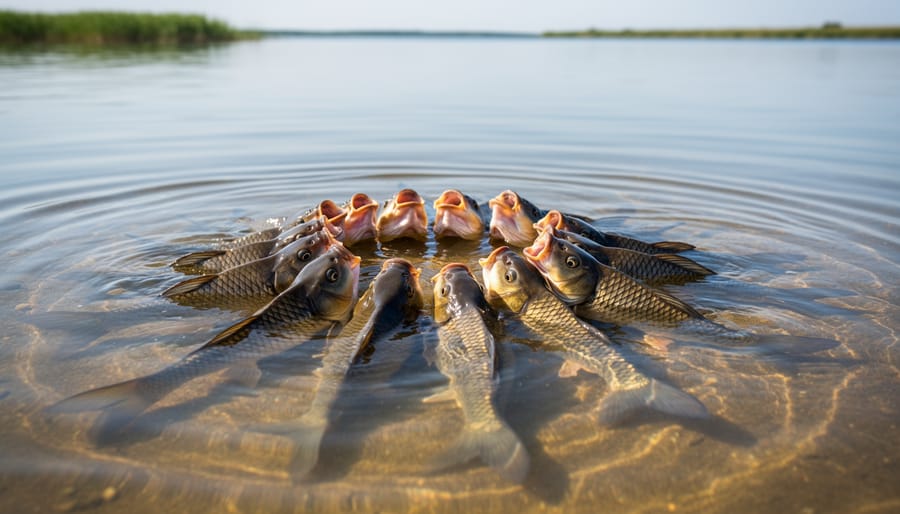 Koi fish gasping at the water surface of a pond during hot weather