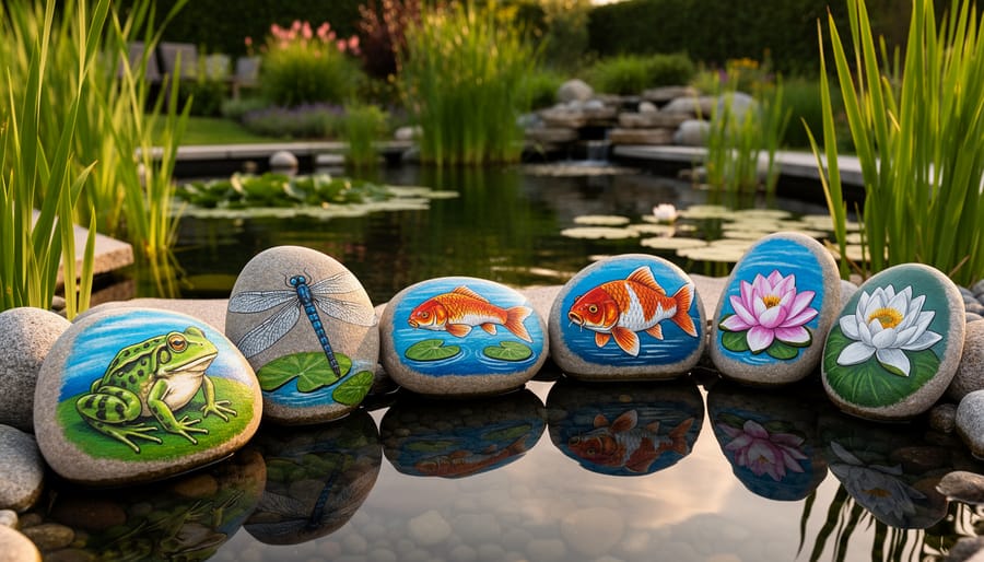 Colorful painted rocks with frog and dragonfly designs arranged along pond edge