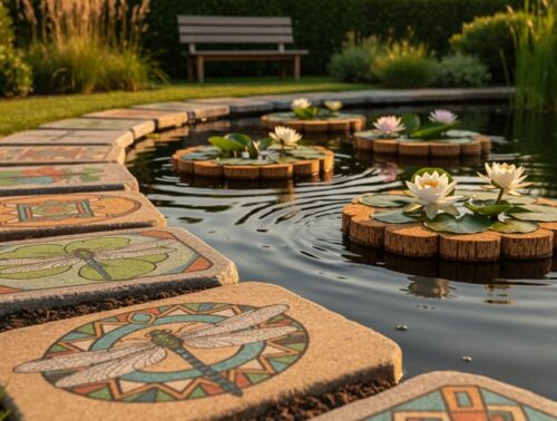 Backyard pond at golden hour with hand-painted stepping stones along the shore and small cork-wood floating platforms planted with dwarf water lilies, with reeds and shrubs softly blurred in the background