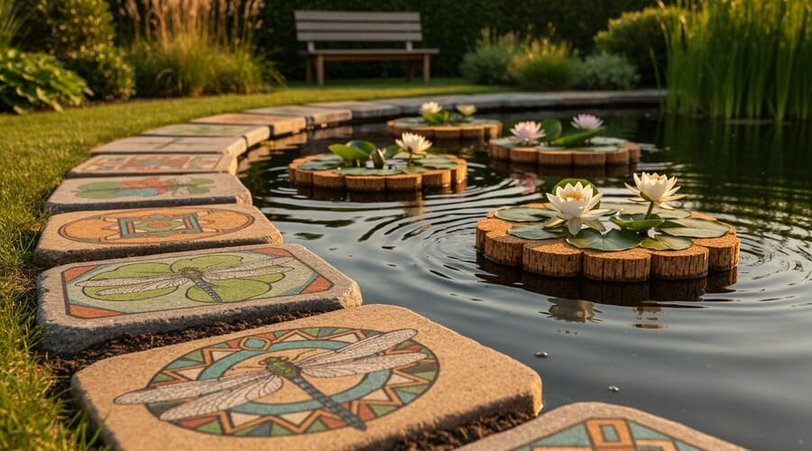 Backyard pond at golden hour with hand-painted stepping stones along the shore and small cork-wood floating platforms planted with dwarf water lilies, with reeds and shrubs softly blurred in the background