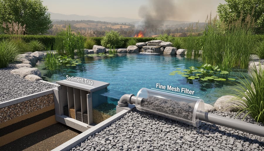 Close-up of pond filtration system with mesh screening capturing wildfire ash and debris