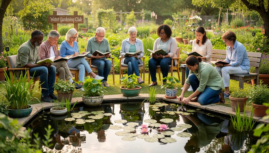 Group of people discussing books beside koi pond in outdoor setting